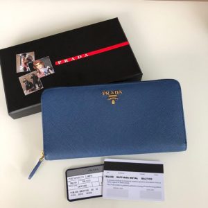 Replica Prada Saffiano Long Zipper Wallet Blue